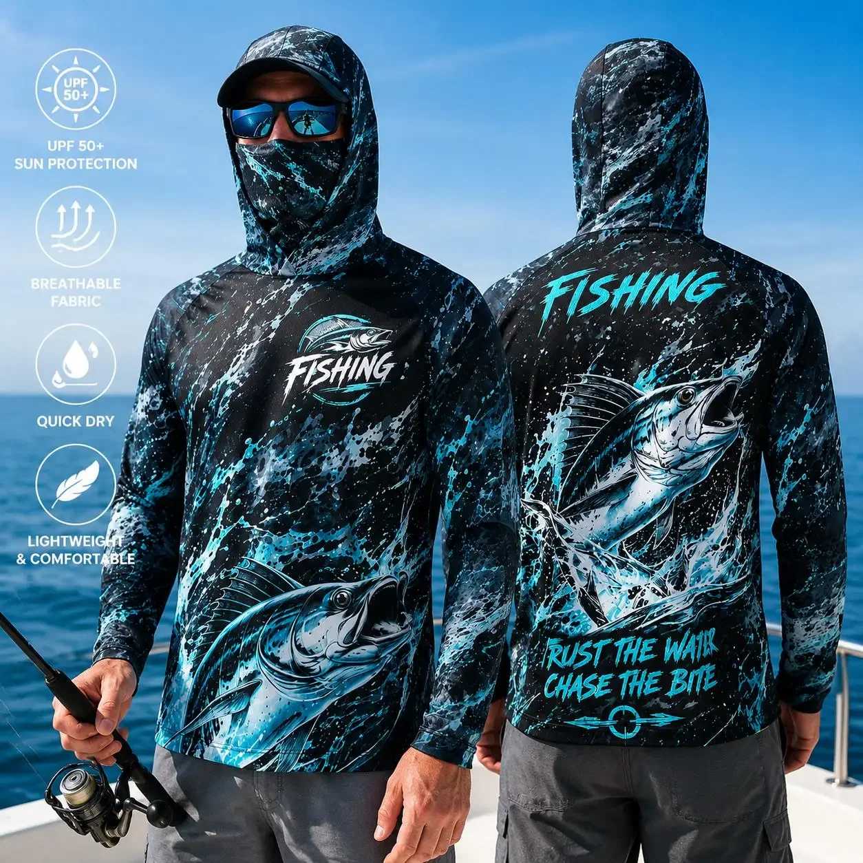 Quick Dry Breathable Men Fishing Hoodie Gradient Bass Print UV Sun Protection Long Sleeve Outdoor Sports Fishing Clothes
