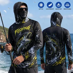 Quick Dry Breathable Men Fishing Hoodie Gradient Bass Print UV Sun Protection Long Sleeve Outdoor Sports Fishing Clothes