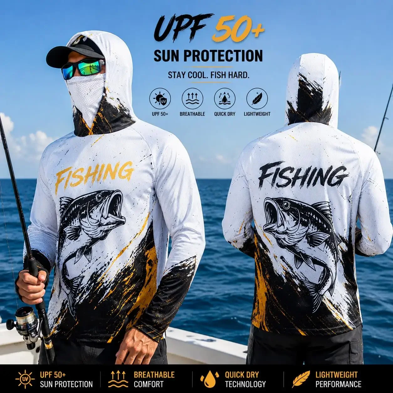 Quick Dry Breathable Men Fishing Hoodie Gradient Bass Print UV Sun Protection Long Sleeve Outdoor Sports Fishing Clothes
