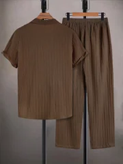 Men's Coffee Vertical Striped Textured Short Sleeve Shirt & Drawstring Pants Set Summer Casual Commuter 2 Piece Outfit