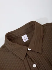 Men's Coffee Vertical Striped Textured Short Sleeve Shirt & Drawstring Pants Set Summer Casual Commuter 2 Piece Outfit
