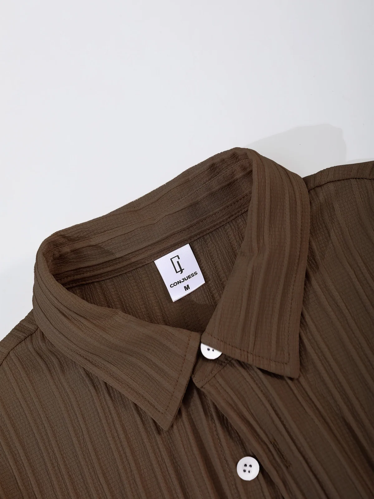 Men's Coffee Vertical Striped Textured Short Sleeve Shirt & Drawstring Pants Set Summer Casual Commuter 2 Piece Outfit