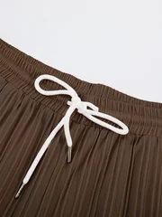 Men's Coffee Vertical Striped Textured Short Sleeve Shirt & Drawstring Pants Set Summer Casual Commuter 2 Piece Outfit