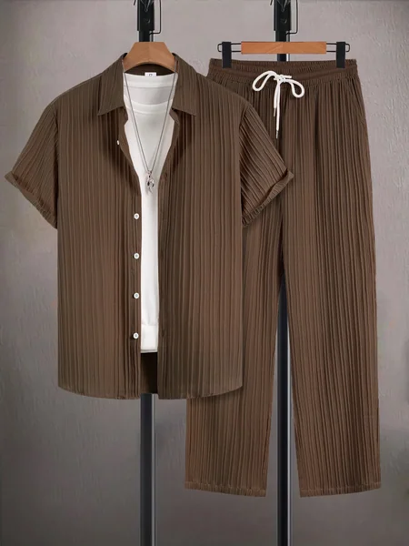 Men's Coffee Vertical Striped Textured Short Sleeve Shirt & Drawstring Pants Set Summer Casual Commuter 2 Piece Outfit