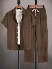 Men's Coffee Vertical Striped Textured Short Sleeve Shirt & Drawstring Pants Set Summer Casual Commuter 2 Piece Outfit