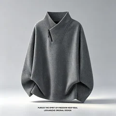 Mens Asymmetric Zip Stand Collar Long Sleeve Top Autumn Diagonal Stripe Textured Knit Loose Fit Casual Pullover Daily Wear Shirt