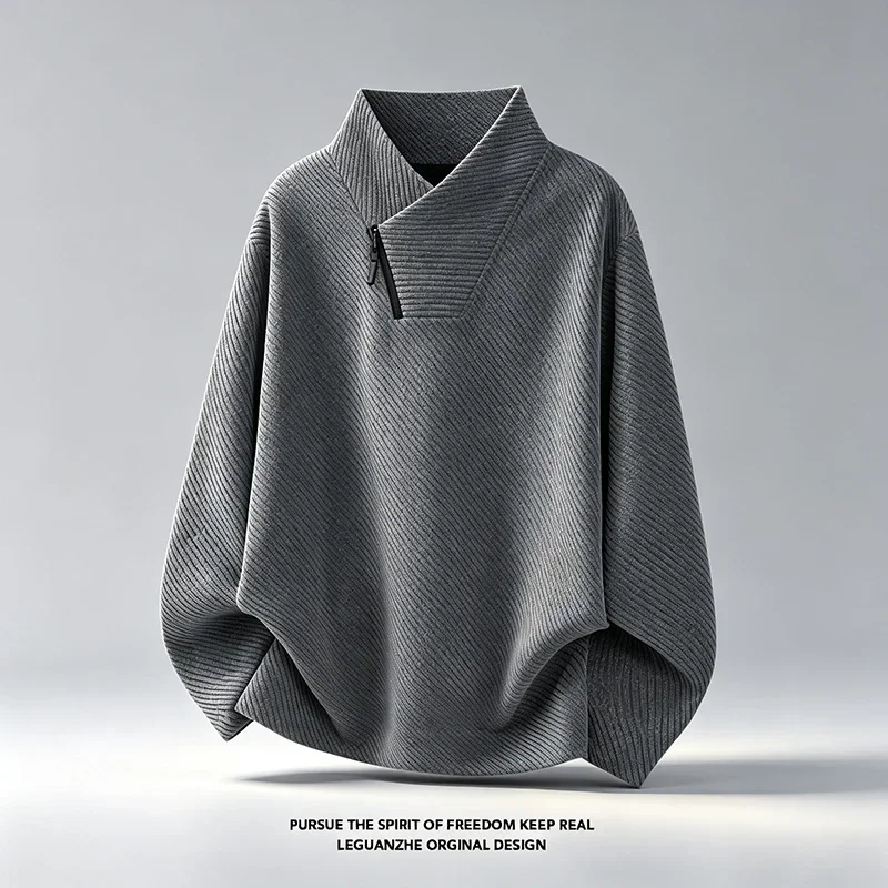 Mens Asymmetric Zip Stand Collar Long Sleeve Top Autumn Diagonal Stripe Textured Knit Loose Fit Casual Pullover Daily Wear Shirt