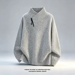 Mens Asymmetric Zip Stand Collar Long Sleeve Top Autumn Diagonal Stripe Textured Knit Loose Fit Casual Pullover Daily Wear Shirt