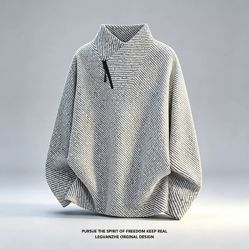 Mens Asymmetric Zip Stand Collar Long Sleeve Top Autumn Diagonal Stripe Textured Knit Loose Fit Casual Pullover Daily Wear Shirt