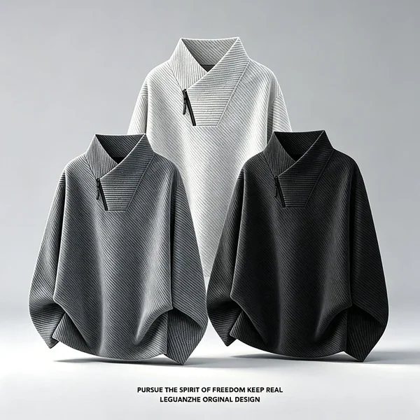 Mens Asymmetric Zip Stand Collar Long Sleeve Top Autumn Diagonal Stripe Textured Knit Loose Fit Casual Pullover Daily Wear Shirt