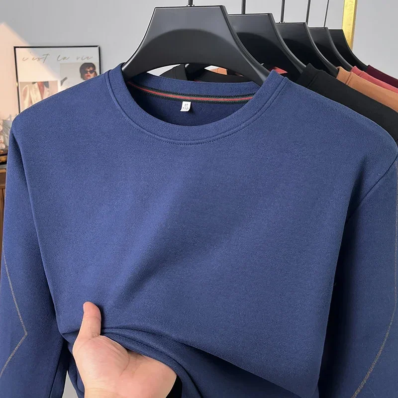Male Loose Fit Crew Neck Long Sleeve Shirt Soft Thermal Knit Decorative Line On Sleeves Everyday Basic Wear