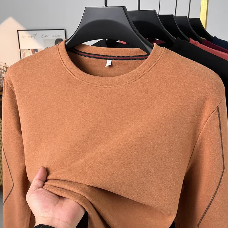 Male Loose Fit Crew Neck Long Sleeve Shirt Soft Thermal Knit Decorative Line On Sleeves Everyday Basic Wear