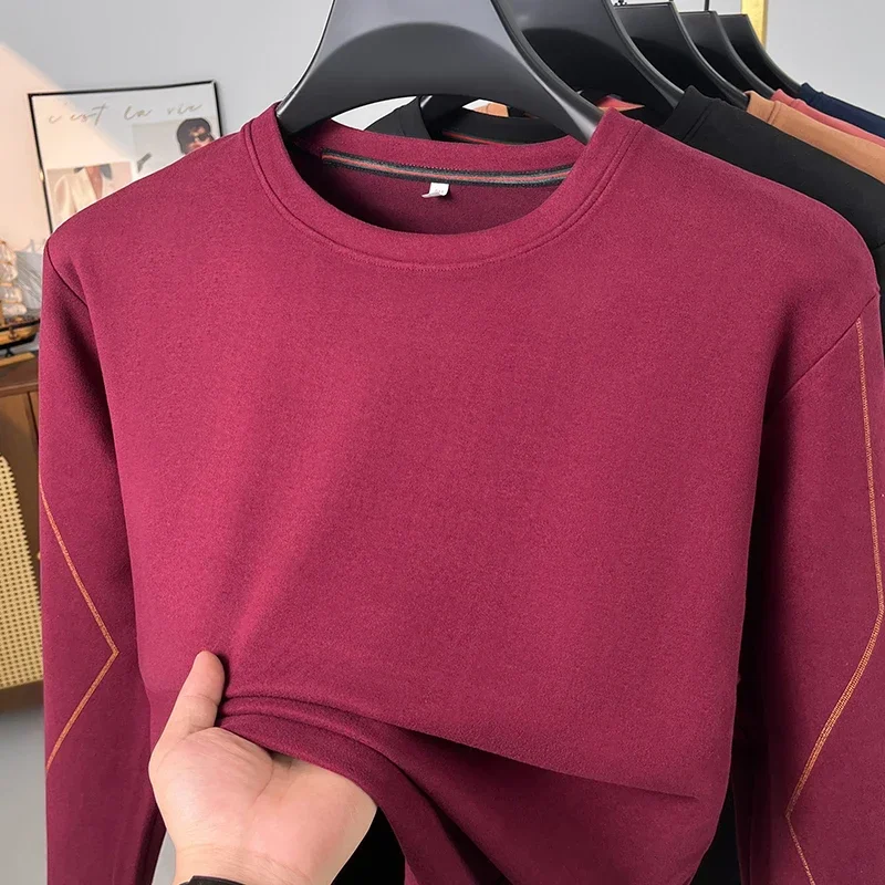 Male Loose Fit Crew Neck Long Sleeve Shirt Soft Thermal Knit Decorative Line On Sleeves Everyday Basic Wear