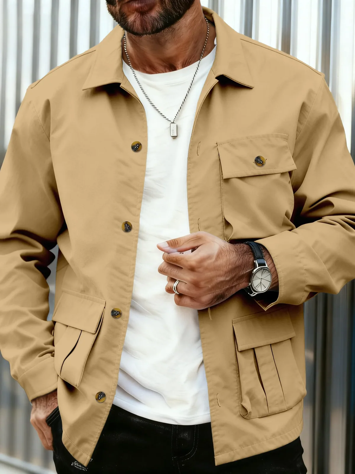 Men's Spring Autumn Workwear Jacket with Multiple Pockets Casual Pilot Open Cardigan Button Large Pocket Outerwear
