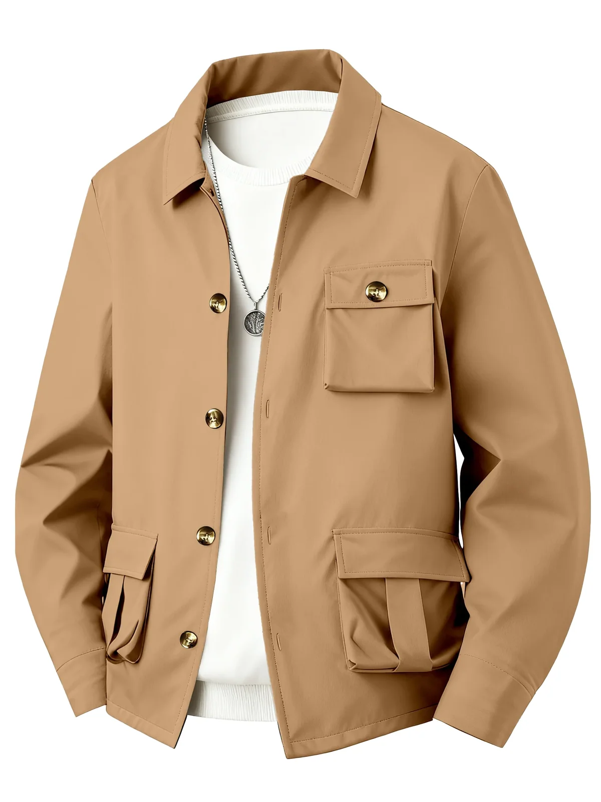Men's Spring Autumn Workwear Jacket with Multiple Pockets Casual Pilot Open Cardigan Button Large Pocket Outerwear