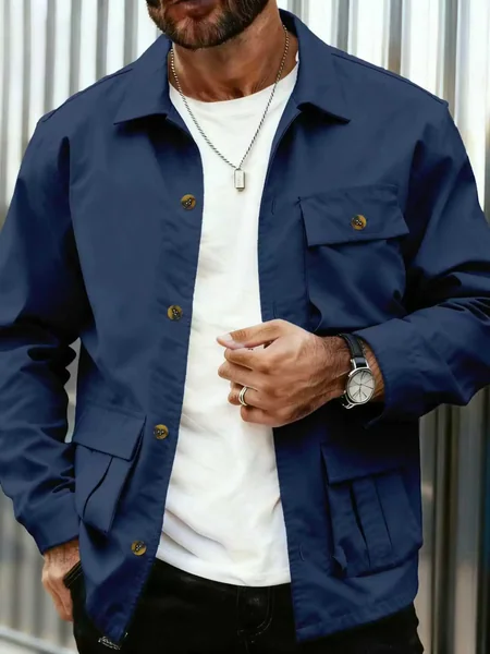 Men's Spring Autumn Workwear Jacket with Multiple Pockets Casual Pilot Open Cardigan Button Large Pocket Outerwear