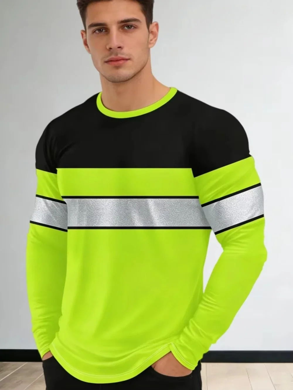 MenHigh-visibility Long-sleeved 3Dprint Black Fluorescent Green Contrast Color BreathableQuick-dry Outdoor Construction Workwear