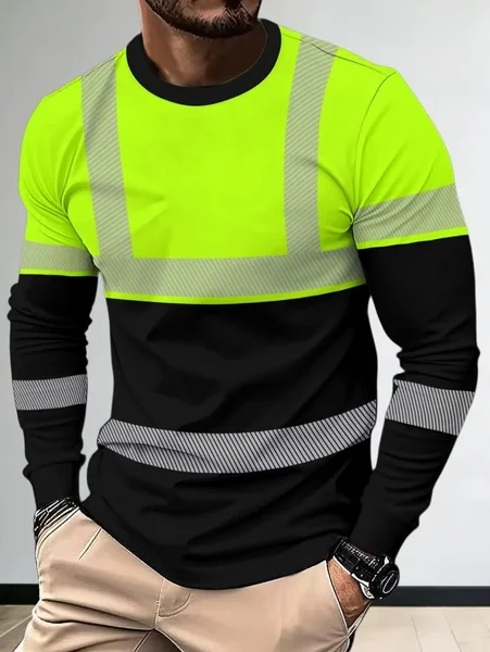 MenHigh-visibility Long-sleeved 3Dprint Black Fluorescent Green Contrast Color BreathableQuick-dry Outdoor Construction Workwear