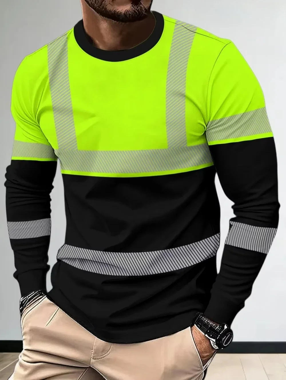 MenHigh-visibility Long-sleeved 3Dprint Black Fluorescent Green Contrast Color BreathableQuick-dry Outdoor Construction Workwear