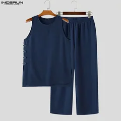 INCERUN Men's Sets Solid Vintage Streetwear Loose Sleeveless Tank Tops Pants Two Piece Sets 2026 Summer Casual Men Matching Sets