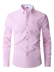 Men Formal Shirt Long Sleeve Office Solid Color Anti-Wrinkle Fashion Business Casual Social Pocket Office White Dress Shirts Man