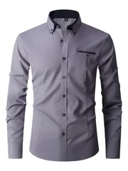 Men Formal Shirt Long Sleeve Office Solid Color Anti-Wrinkle Fashion Business Casual Social Pocket Office White Dress Shirts Man