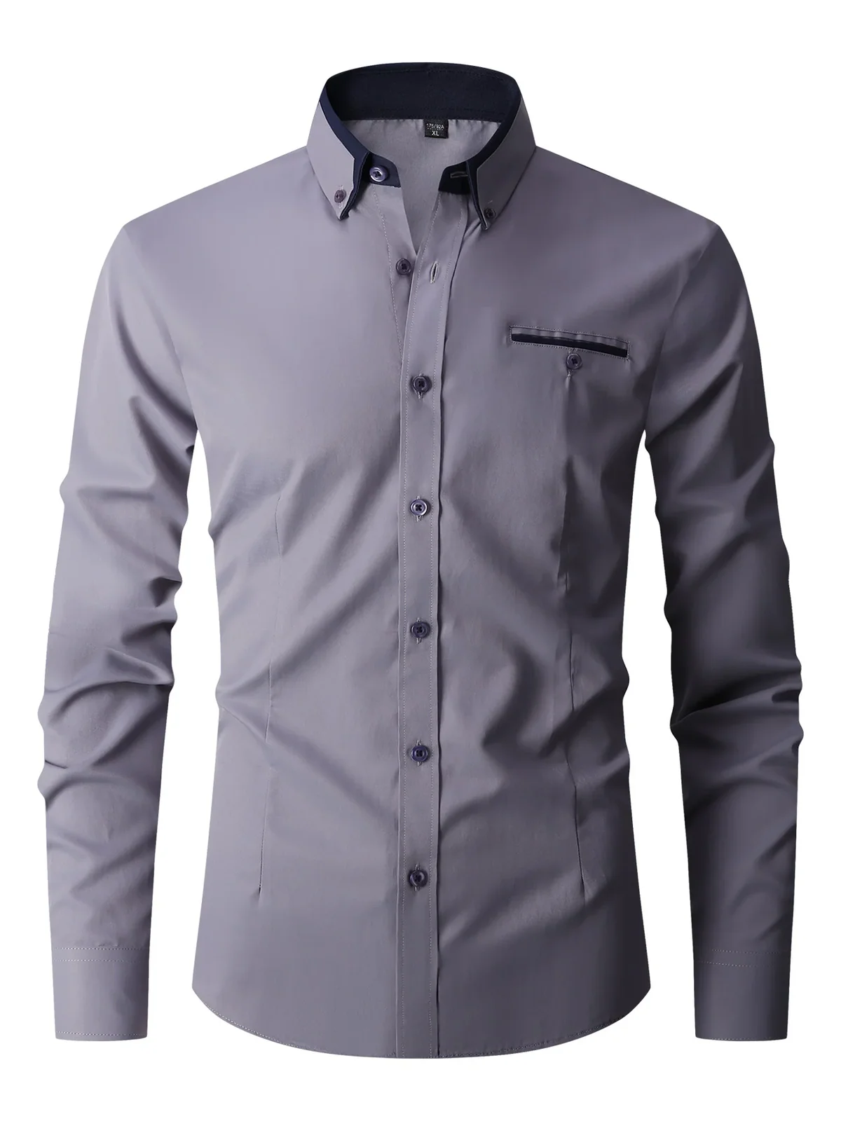 Men Formal Shirt Long Sleeve Office Solid Color Anti-Wrinkle Fashion Business Casual Social Pocket Office White Dress Shirts Man