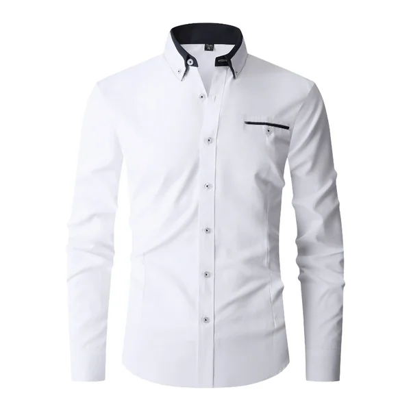 Men Formal Shirt Long Sleeve Office Solid Color Anti-Wrinkle Fashion Business Casual Social Pocket Office White Dress Shirts Man