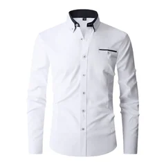 Men Formal Shirt Long Sleeve Office Solid Color Anti-Wrinkle Fashion Business Casual Social Pocket Office White Dress Shirts Man