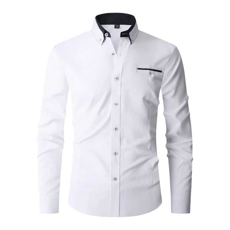 Men Formal Shirt Long Sleeve Office Solid Color Anti-Wrinkle Fashion Business Casual Social Pocket Office White Dress Shirts Man
