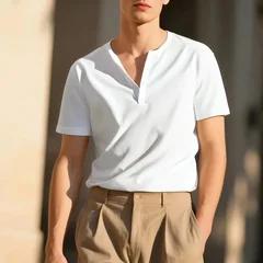 Summer Men's Solid Color Fitness Casual Mesh Henley Neck Shirts Short-Sleeved Men Slim Fit Quick Dry Training Running T-Shirts
