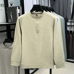 Men's Soft Henley Neck Pullover With Button Placket Long Sleeve Shirt For Daily Wear And Business