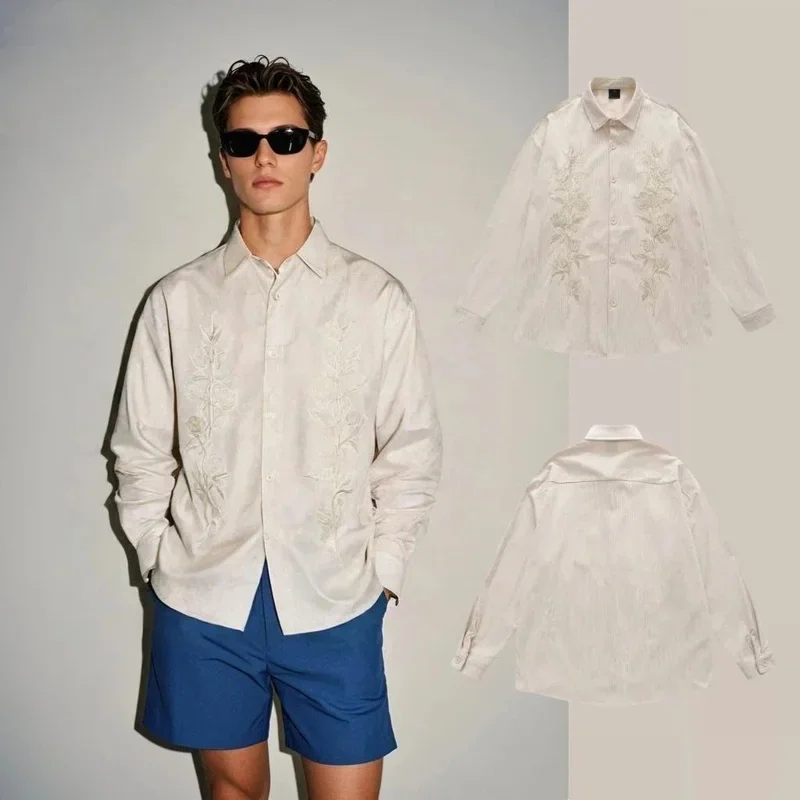 [B&C] Hong style high street corduroy long-sleeve shirt men, niche trendy embroidered pattern shirt autumn