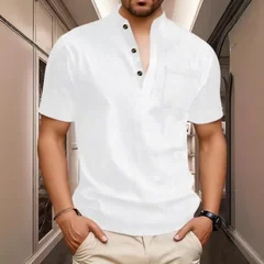Men's Summer Casual Henley Neck Short Sleeve T Shirt Fashion Breathable Pocket Tee for Daily Wear and Commuting
