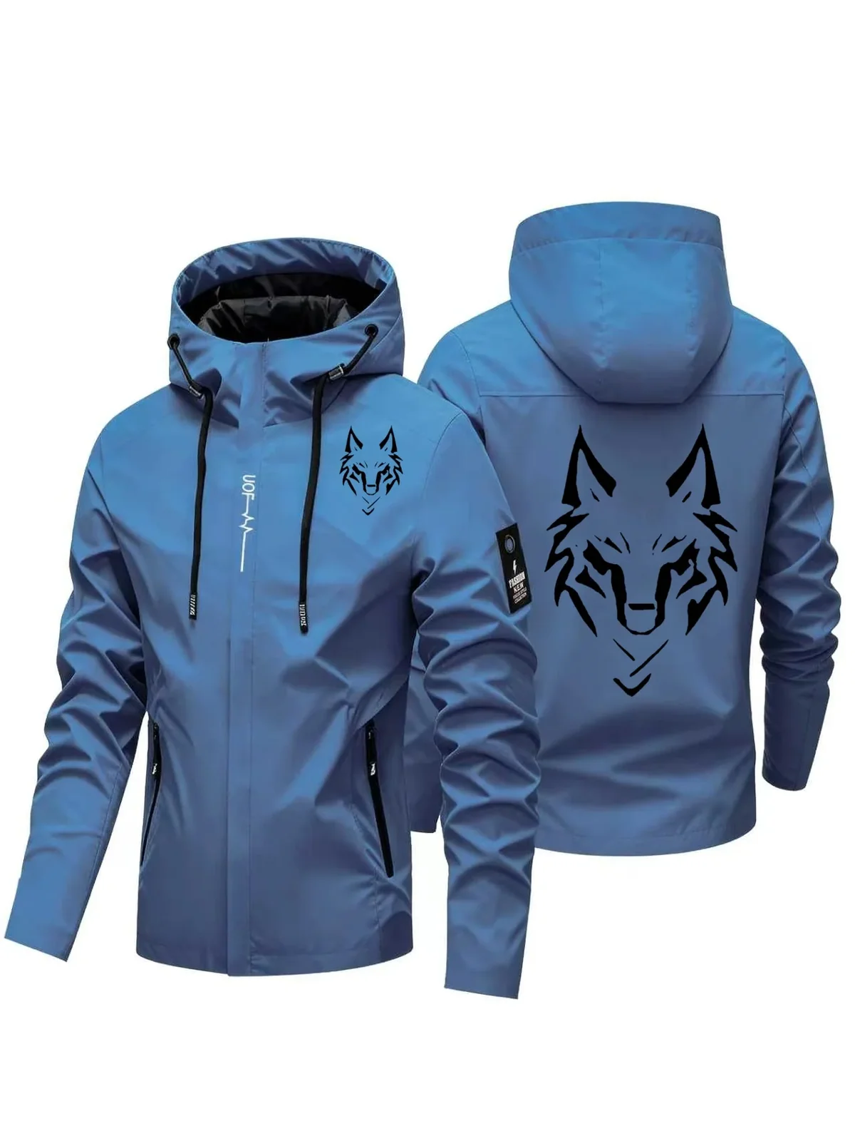 2026 NEW Men's Wolf Print Hooded Jacket Casual Outdoor Windbreaker Coat Male Waterproof Zip Up Hoodie Streetwear Outerwear