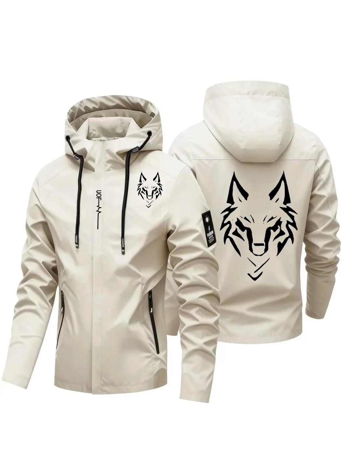 2026 NEW Men's Wolf Print Hooded Jacket Casual Outdoor Windbreaker Coat Male Waterproof Zip Up Hoodie Streetwear Outerwear
