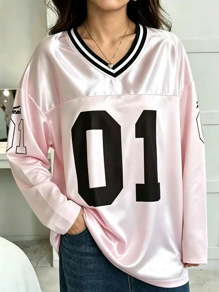 Men's Women Men Vintage Long Sleeve Oversized 01 Number Print V Neck Fashion Sports Loose Streetwear Casual Top Long Sleeve Tee