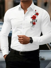 Men's Red Rose Print Long-Sleeve Shirt, Fashionable and Casual