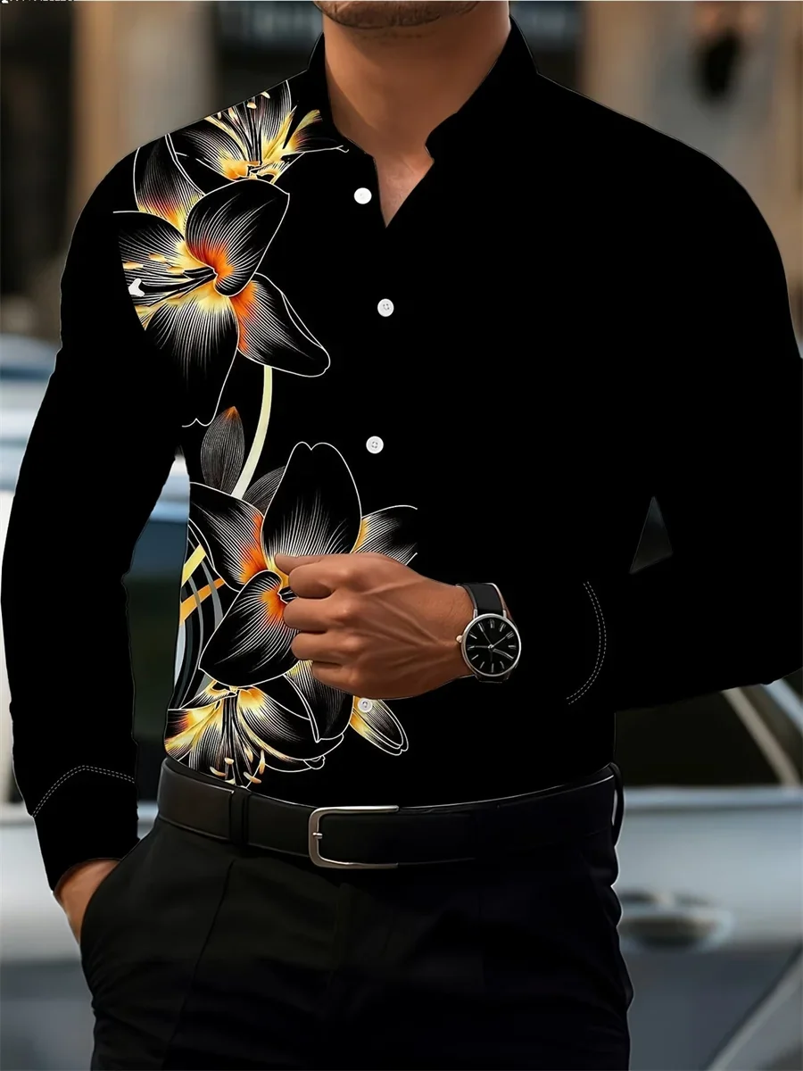 Men's Red Rose Print Long-Sleeve Shirt, Fashionable and Casual