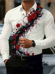 Men's Red Rose Print Long-Sleeve Shirt, Fashionable and Casual
