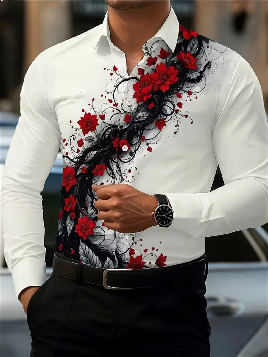 Men's Red Rose Print Long-Sleeve Shirt, Fashionable and Casual