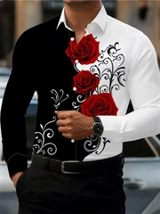 Men's Red Rose Print Long-Sleeve Shirt, Fashionable and Casual