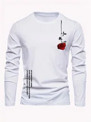 Men's 100% Pure Cotton Long Sleeve round Neck T-Shirt Loose Casual Rose Letter Print Spring Autumn Versatile Top