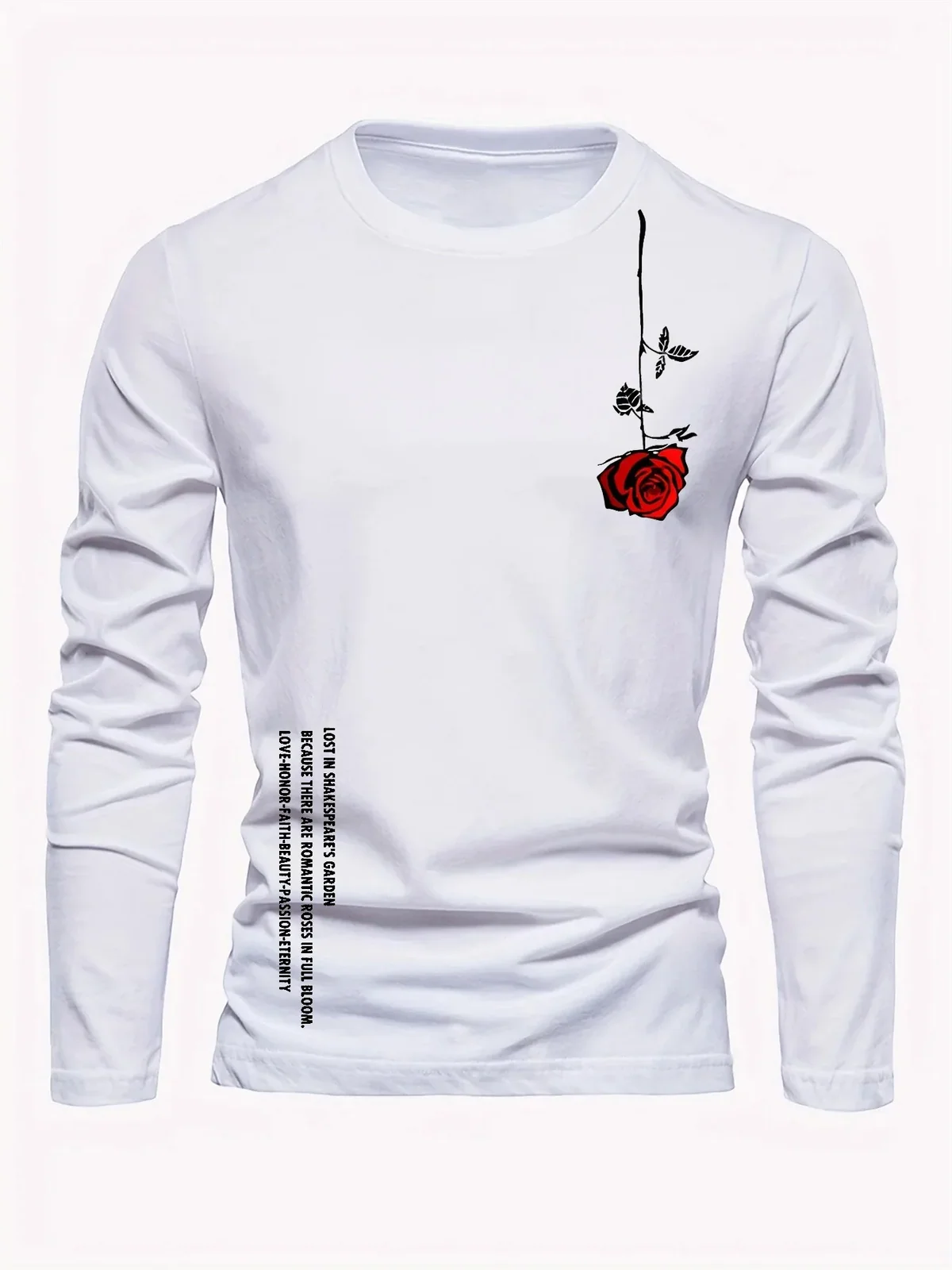 Men's 100% Pure Cotton Long Sleeve round Neck T-Shirt Loose Casual Rose Letter Print Spring Autumn Versatile Top