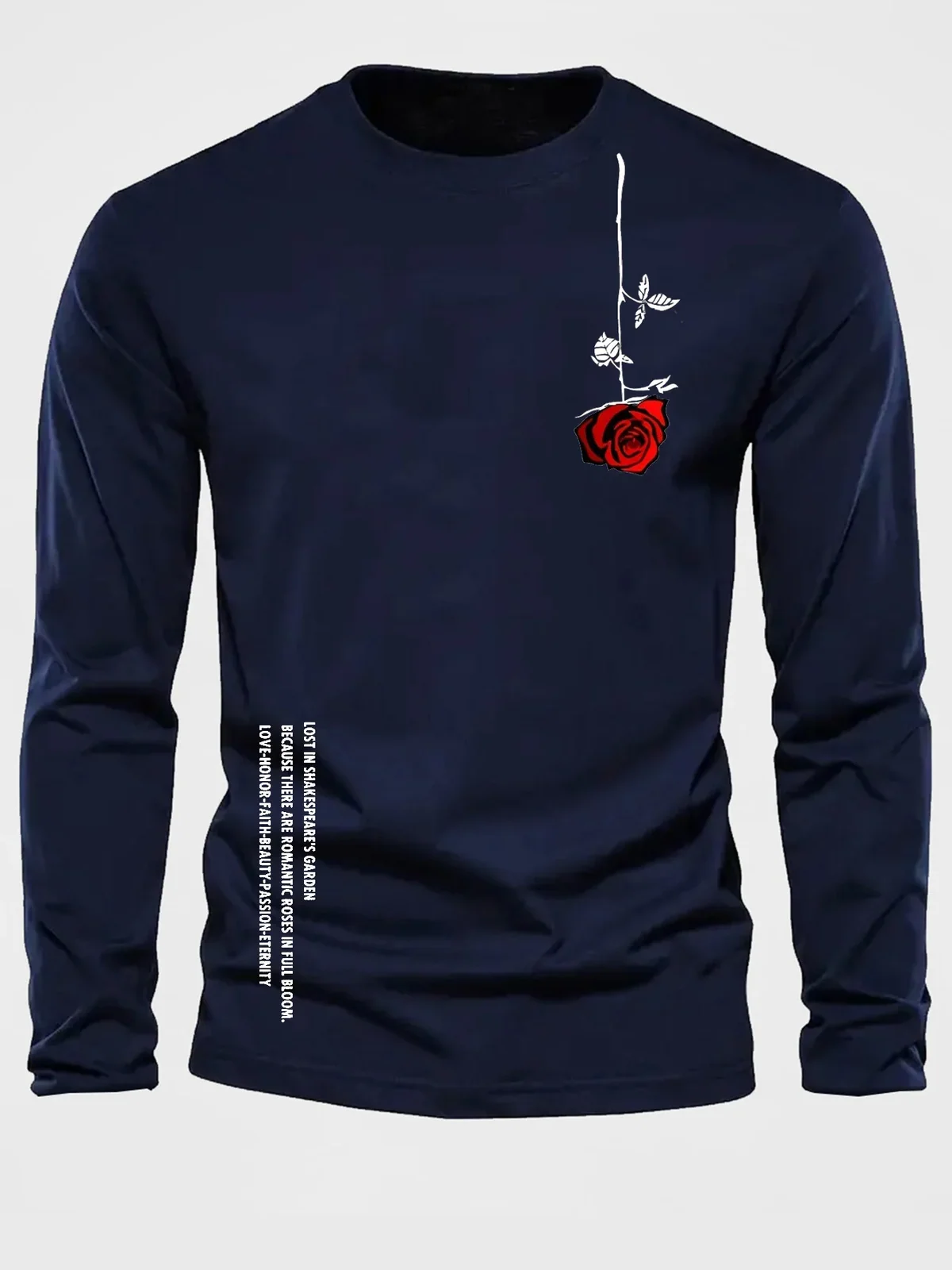 Men's 100% Pure Cotton Long Sleeve round Neck T-Shirt Loose Casual Rose Letter Print Spring Autumn Versatile Top