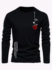 Men's 100% Pure Cotton Long Sleeve round Neck T-Shirt Loose Casual Rose Letter Print Spring Autumn Versatile Top