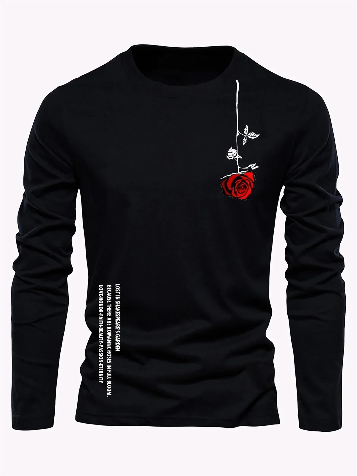 Men's 100% Pure Cotton Long Sleeve round Neck T-Shirt Loose Casual Rose Letter Print Spring Autumn Versatile Top