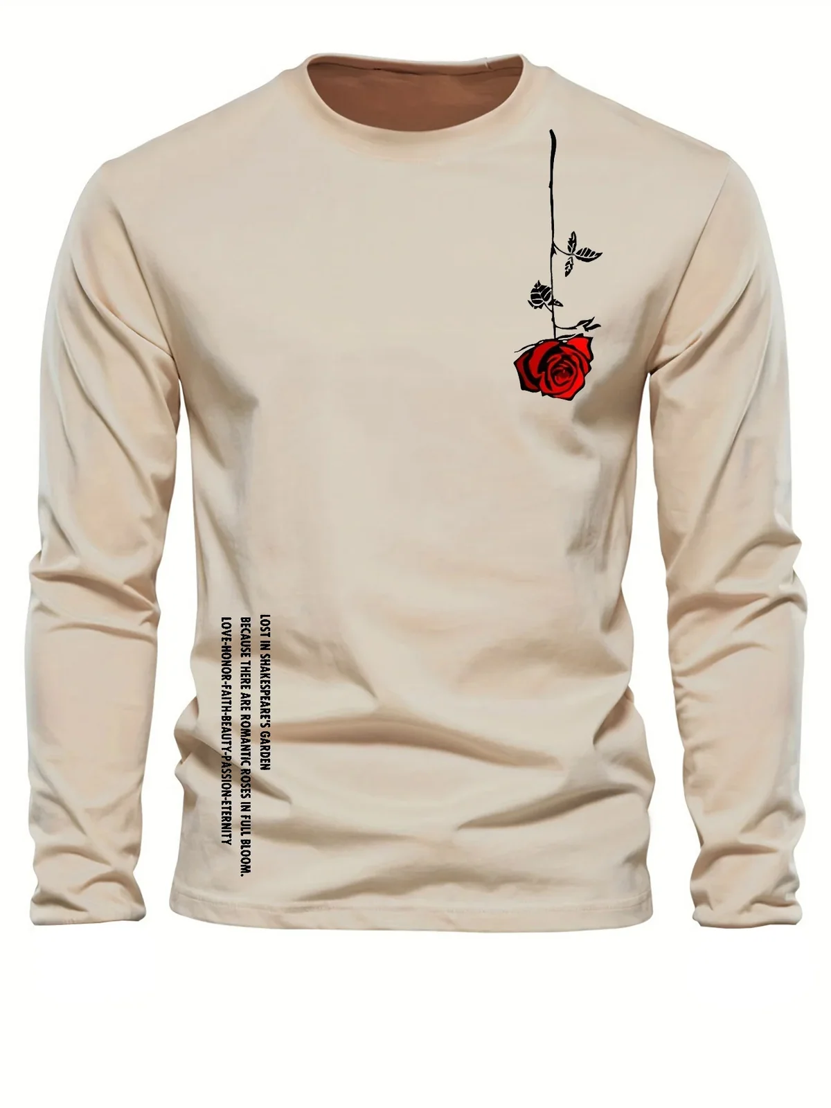 Men's 100% Pure Cotton Long Sleeve round Neck T-Shirt Loose Casual Rose Letter Print Spring Autumn Versatile Top