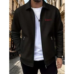 Men Waffle Lapel Zip Up Jacket Embroidery Logo Spring Autumn Long Sleeve Casual Coat Zipper Pockets Male Streetwear Outerwear