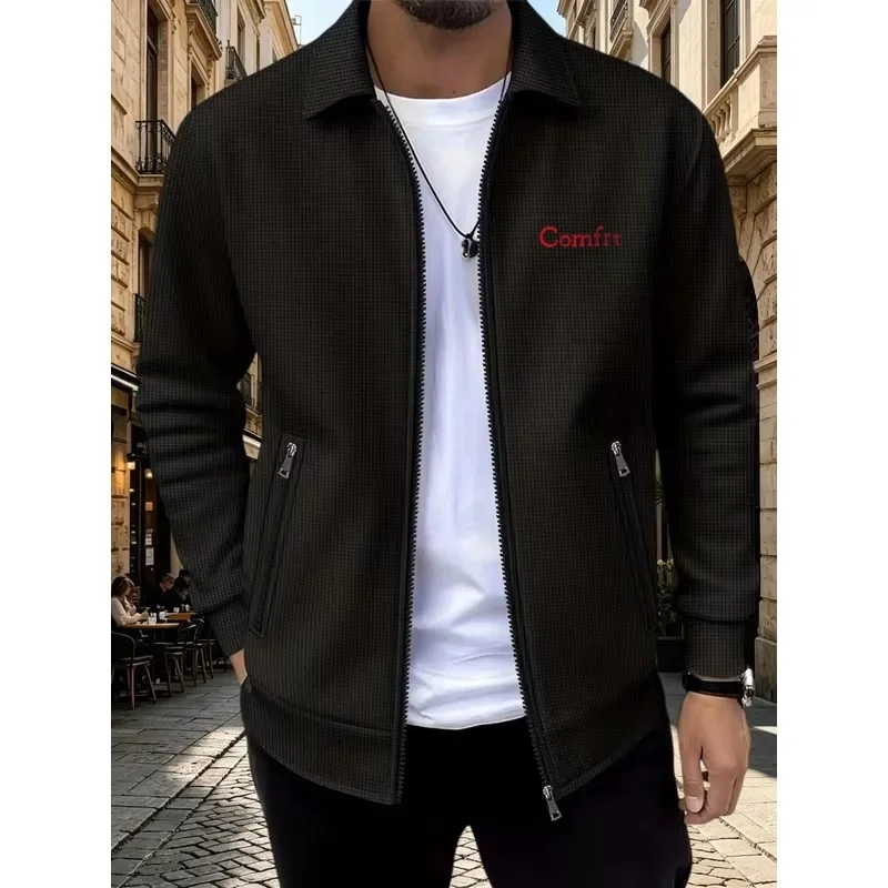Men Waffle Lapel Zip Up Jacket Embroidery Logo Spring Autumn Long Sleeve Casual Coat Zipper Pockets Male Streetwear Outerwear